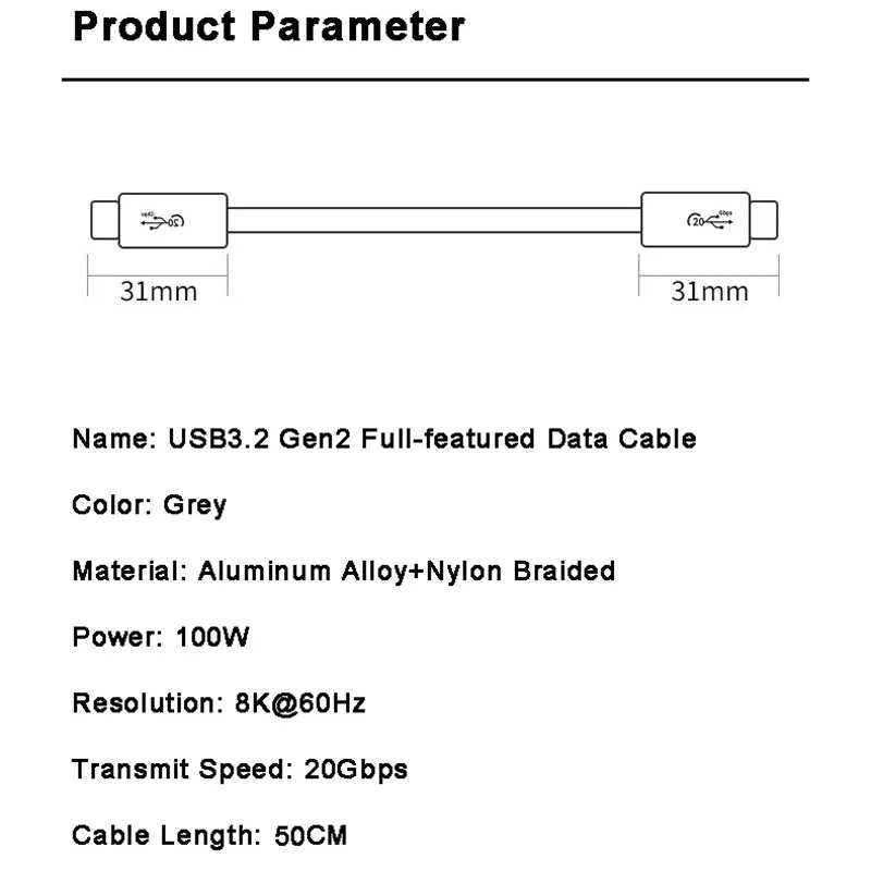 0.5m PD 100W USB-C 3.2 Gen2 Data Cable 8K/60Hz 20Gbps High Speed Video Date Transmission Fast Charging Cord