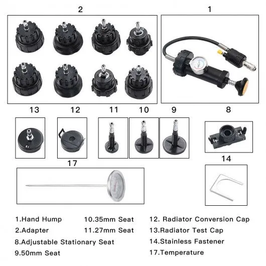 18 Pcs Radiator Pump Pressure Cooling Leak Tester