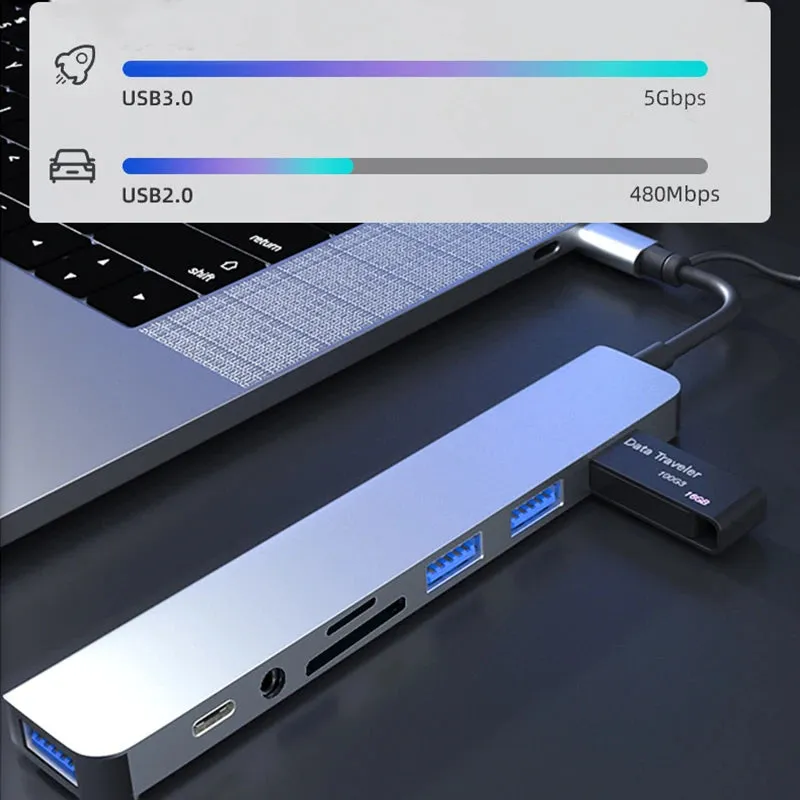 8-IN-2 USB HUB 3.0 USB C HUB Dock Station 5Gbps High Speed Transmission USB Splitter Type C to USB