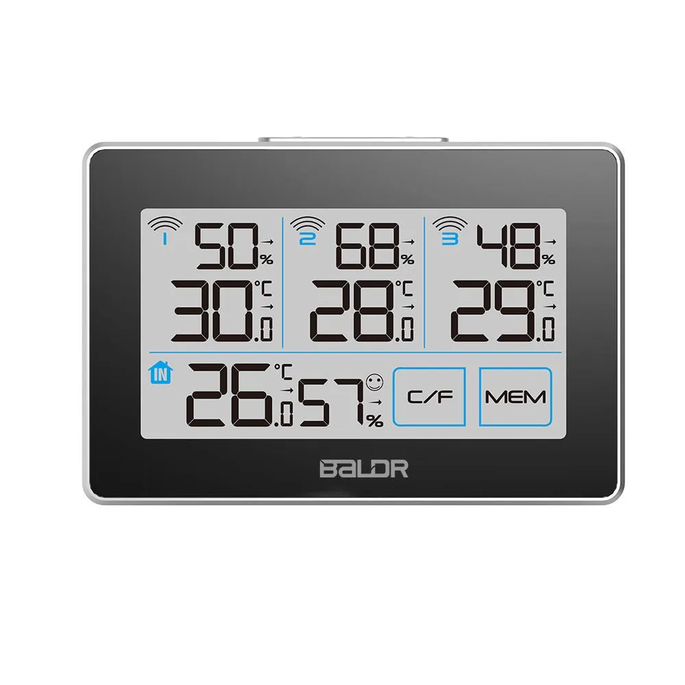 BALDR WS0317BL3 Digital Wireless Weather Station | Accurate Humidity Gauge & Temperature Tracking - Monitor 4 Locations - Includes 3 Remote Sensors