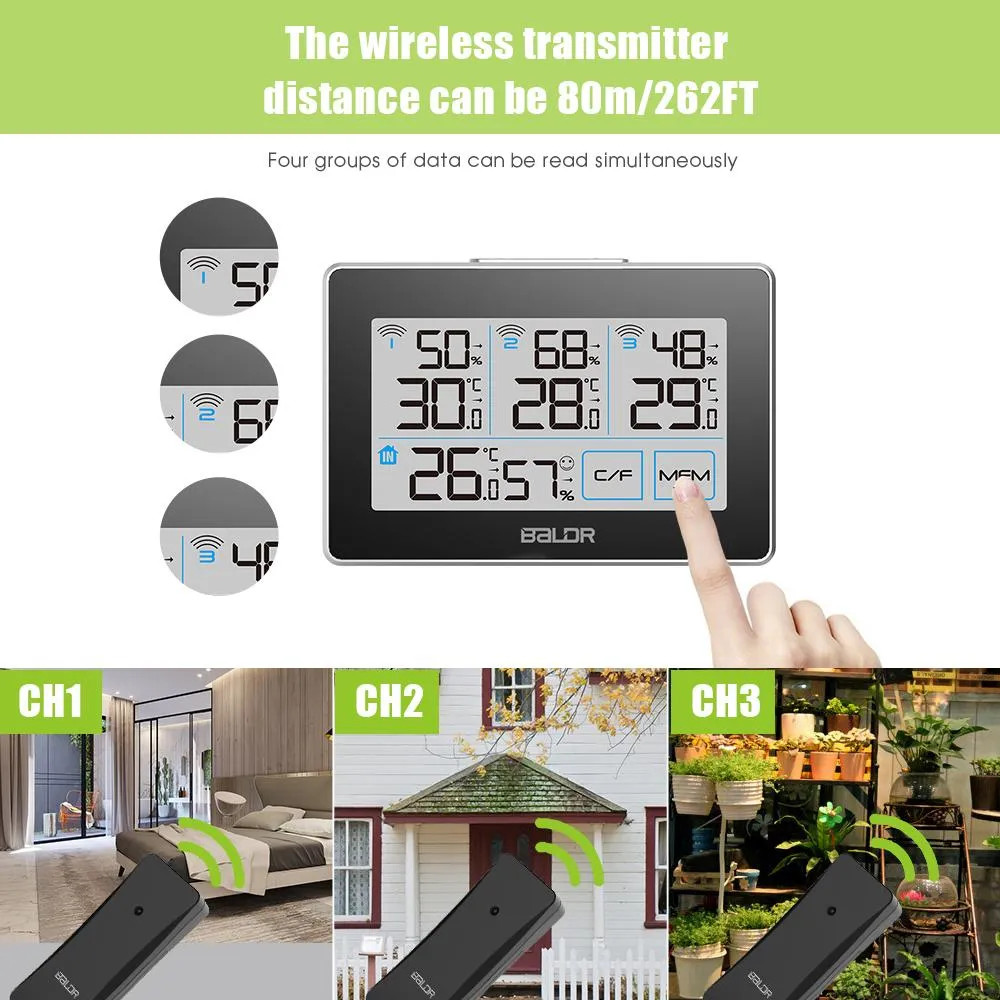 BALDR WS0317BL3 Digital Wireless Weather Station | Accurate Humidity Gauge & Temperature Tracking - Monitor 4 Locations - Includes 3 Remote Sensors