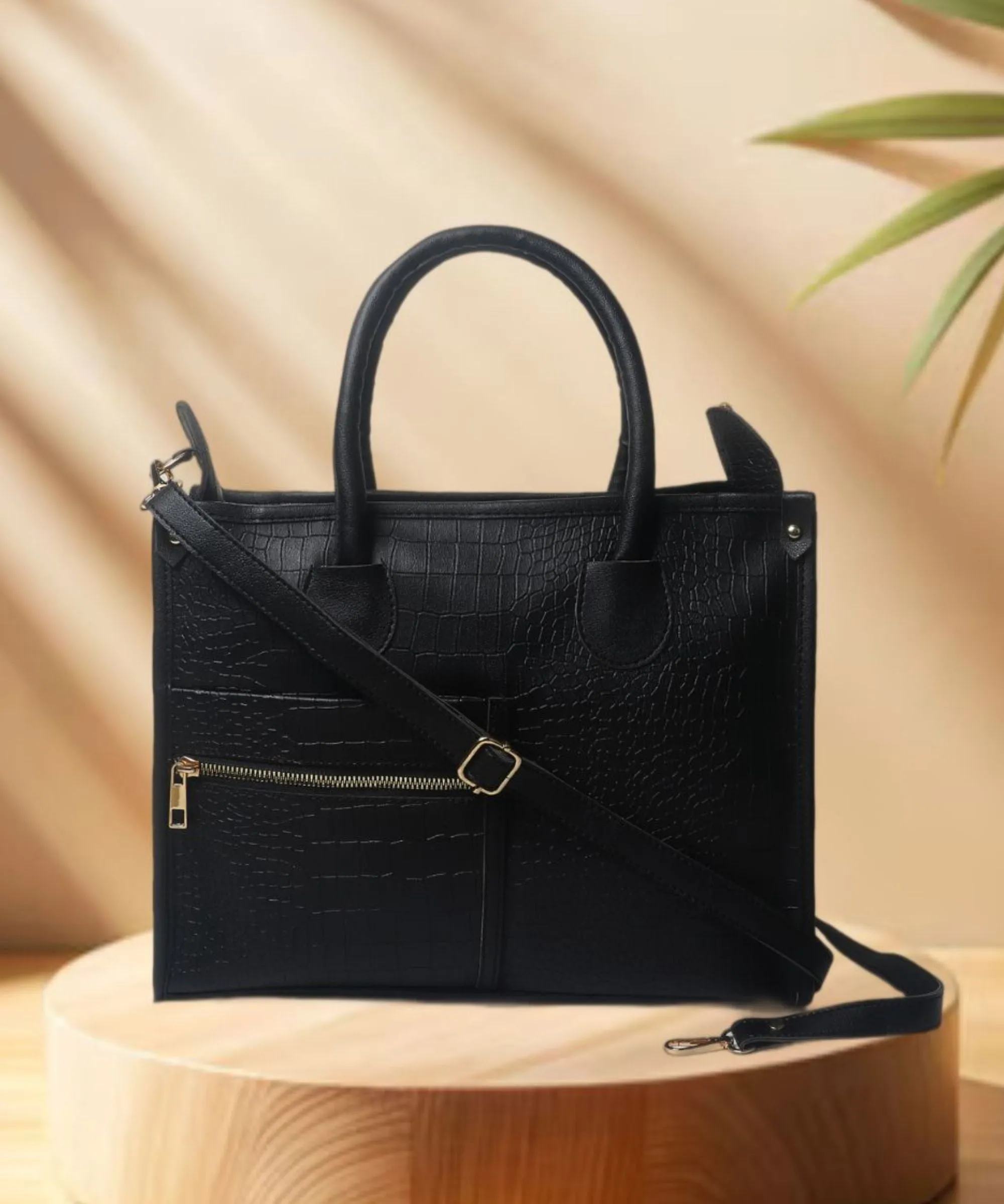 Black Brown Synthetic Leather Handbag For Women