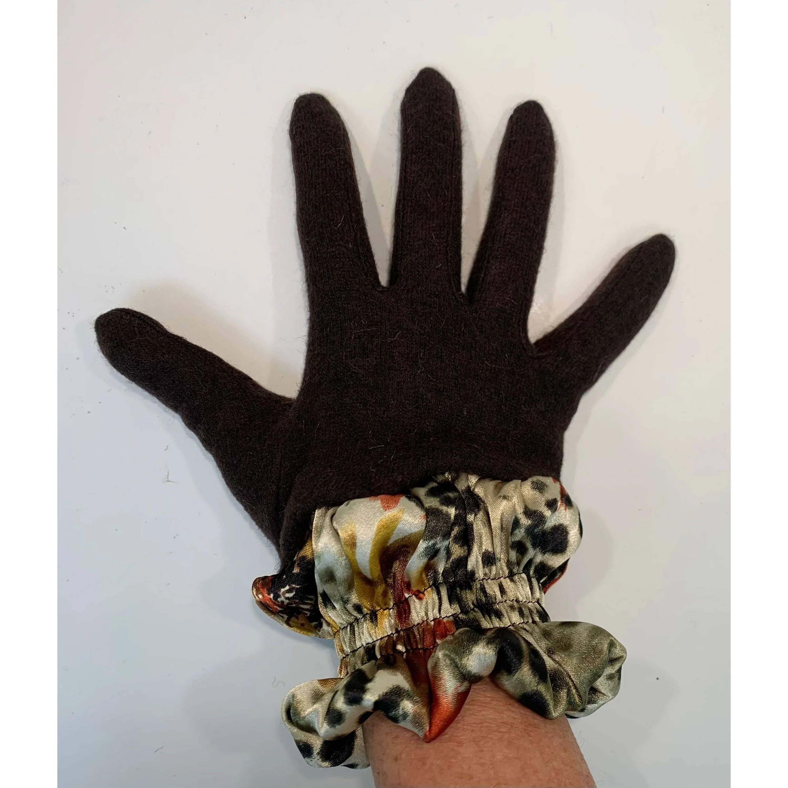 Dark brown full finger wool gloves with shirred satin animal cuffs. Toasty winter gloves stretch fit. Free Shipping