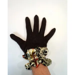 Dark brown full finger wool gloves with shirred satin animal cuffs. Toasty winter gloves stretch fit. Free Shipping