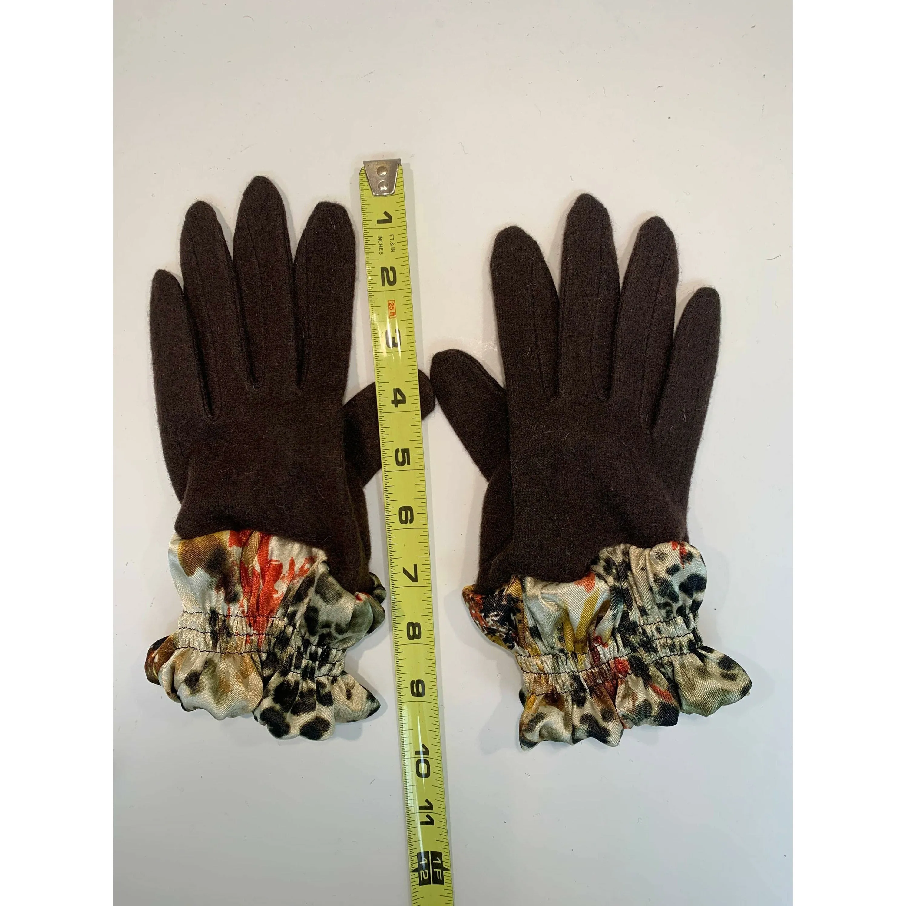 Dark brown full finger wool gloves with shirred satin animal cuffs. Toasty winter gloves stretch fit. Free Shipping