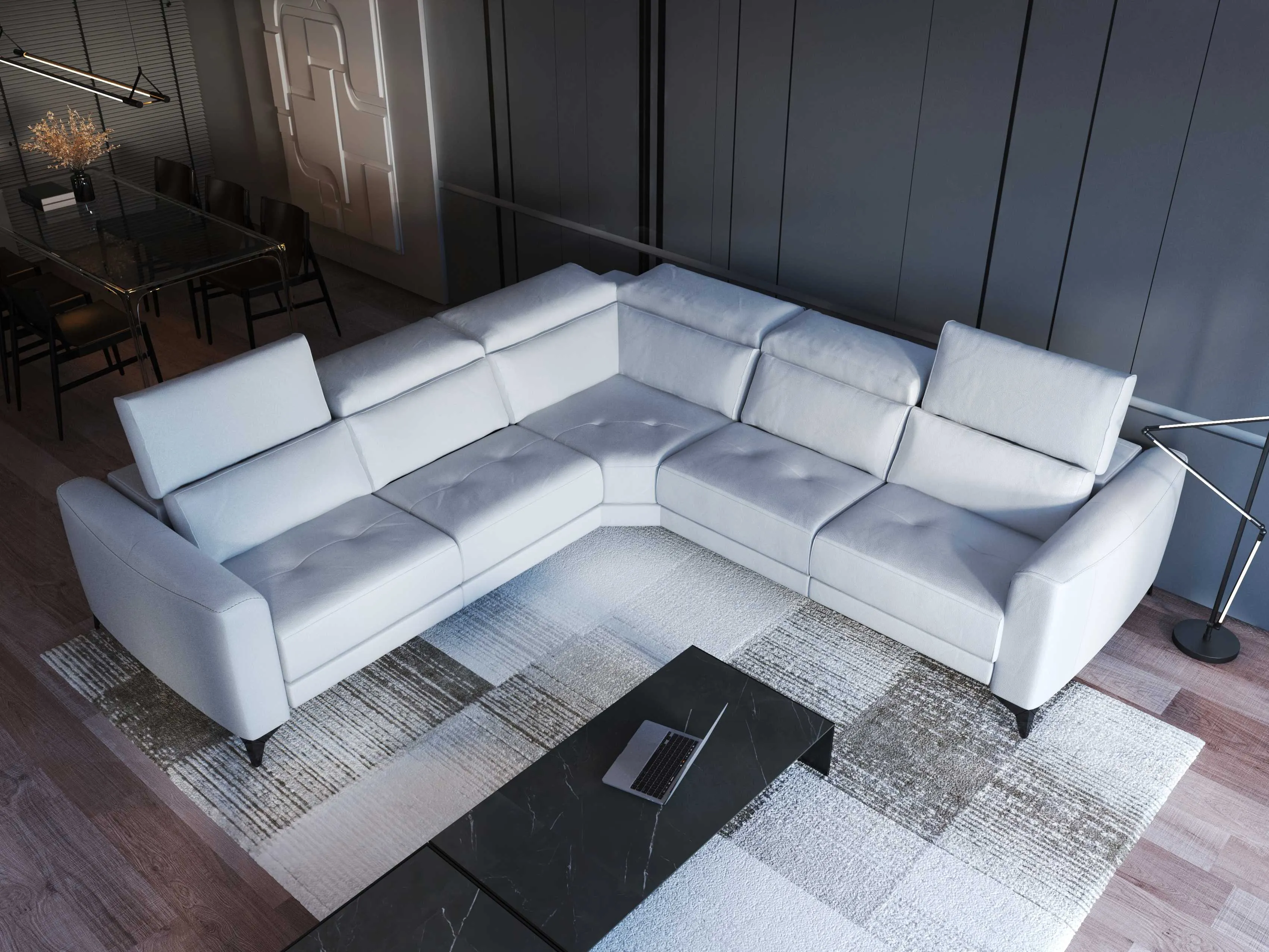 FERRARA WHITE LEATHER SECTIONAL WITH 3 POWER RECLINERS