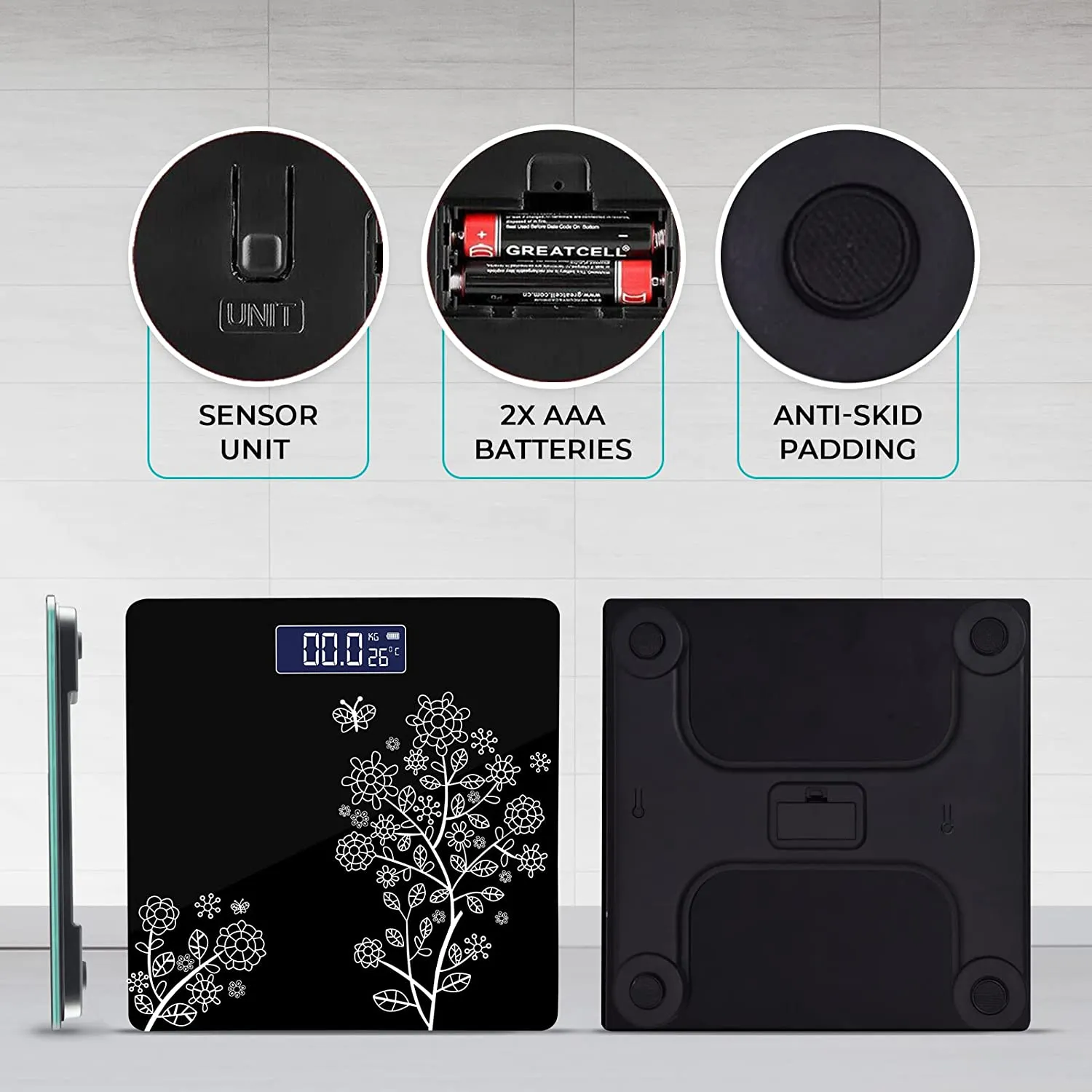 Floral Digital Bathroom Weighing Scale with LCD Panel & Thick Tempered Glass