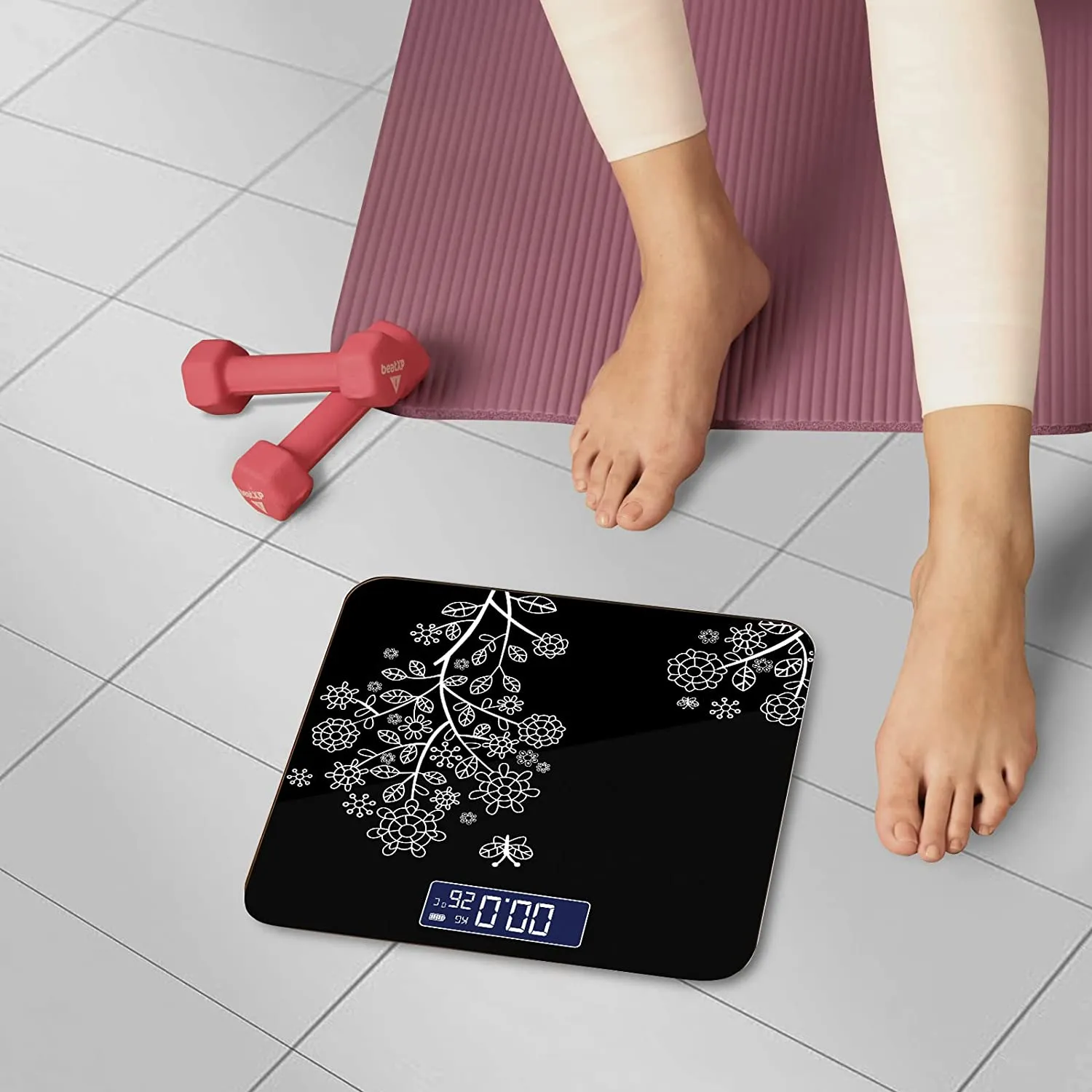 Floral Digital Bathroom Weighing Scale with LCD Panel & Thick Tempered Glass