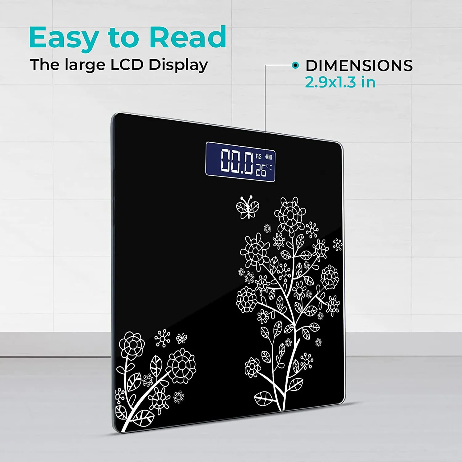 Floral Digital Bathroom Weighing Scale with LCD Panel & Thick Tempered Glass