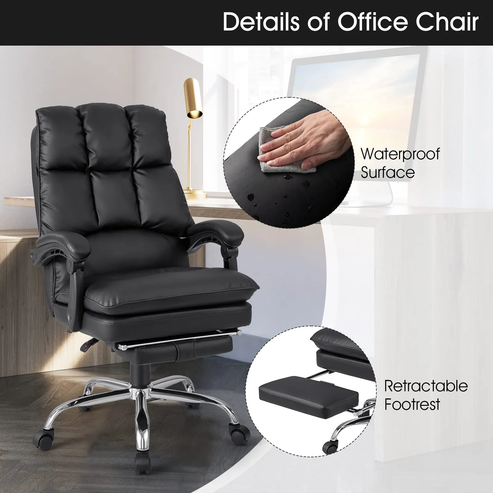 KOMFOTT Executive Office Chair, PU Leather Reclining Chair with Retractable Footrest & Padded Armrests, Soft Cushioned