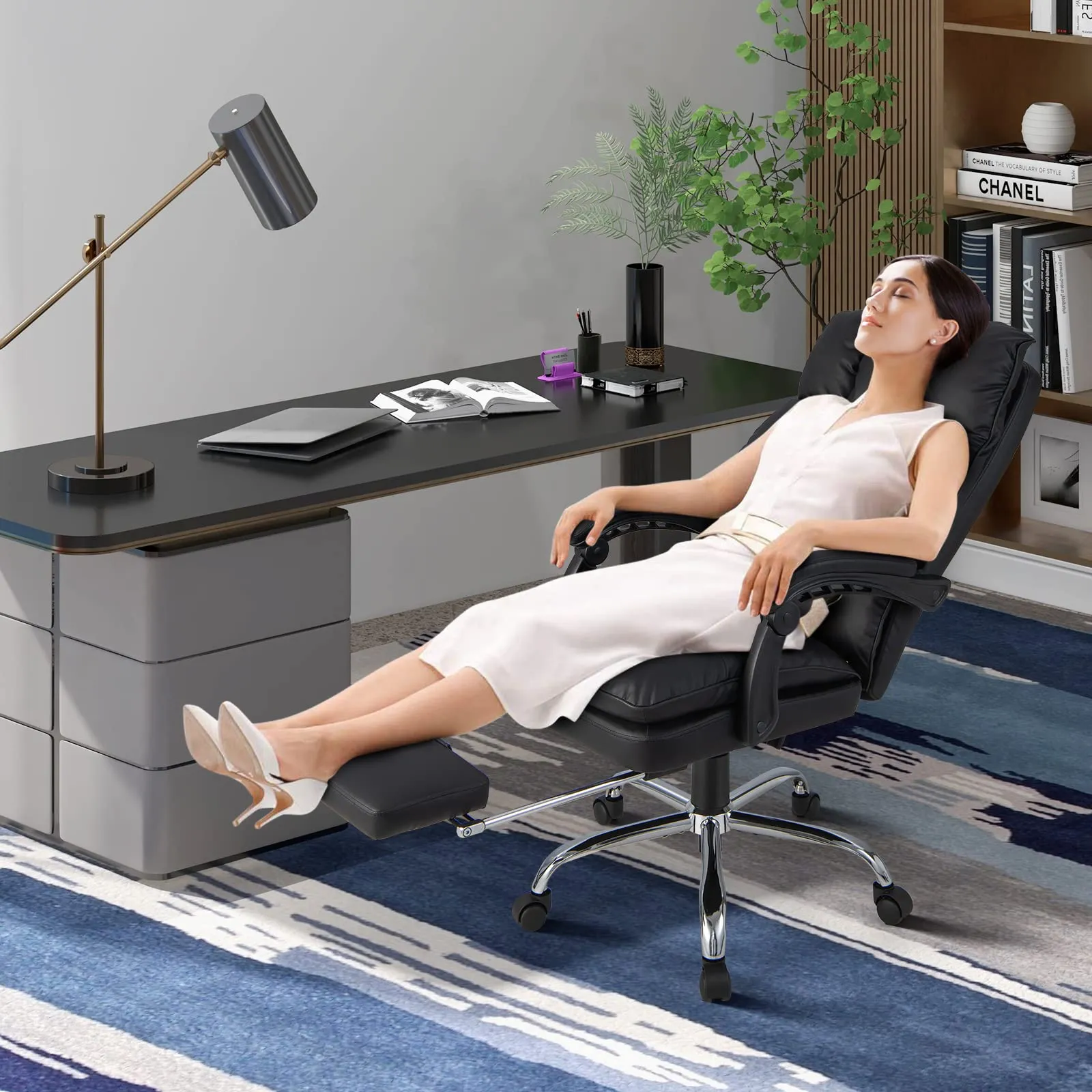 KOMFOTT Executive Office Chair, PU Leather Reclining Chair with Retractable Footrest & Padded Armrests, Soft Cushioned