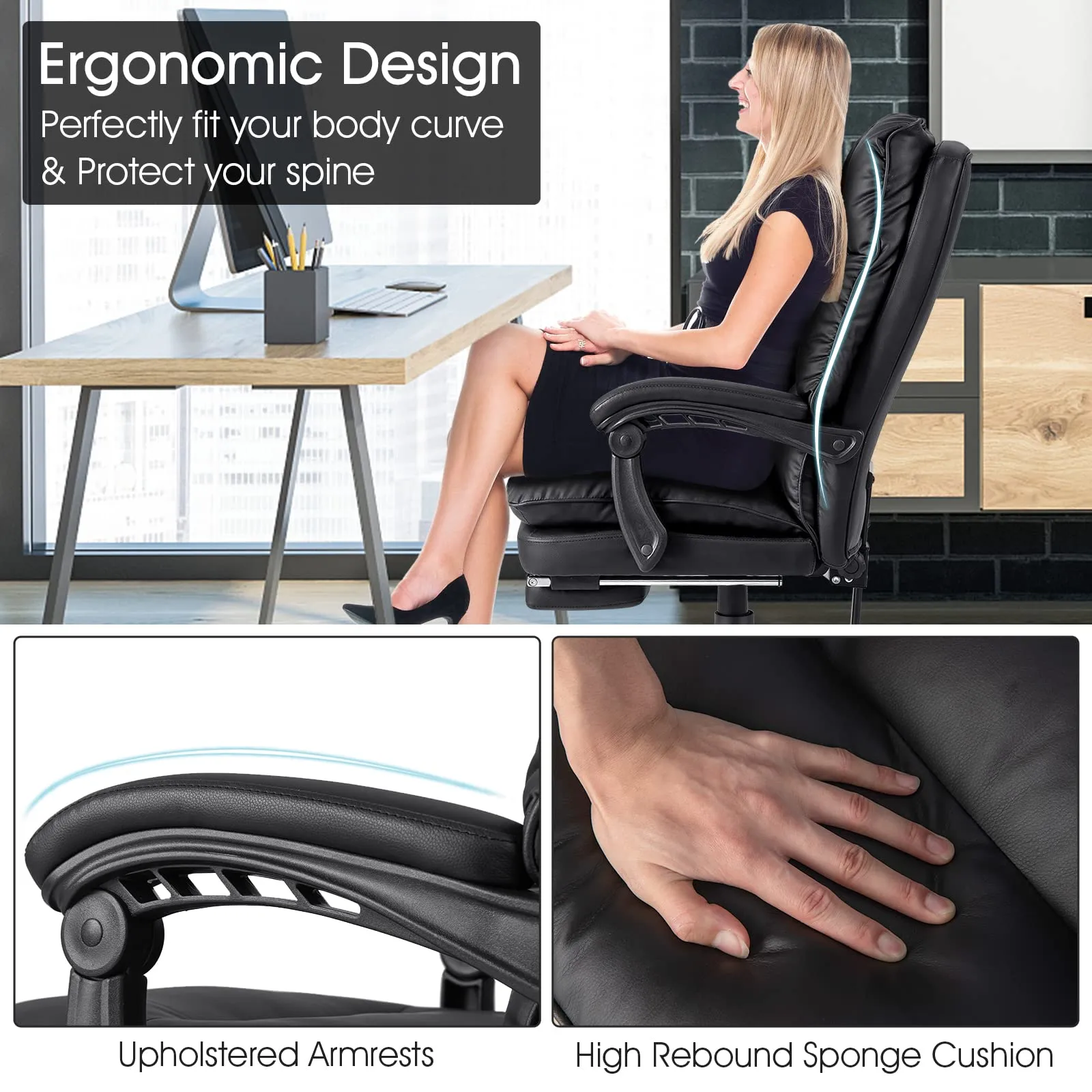 KOMFOTT Executive Office Chair, PU Leather Reclining Chair with Retractable Footrest & Padded Armrests, Soft Cushioned