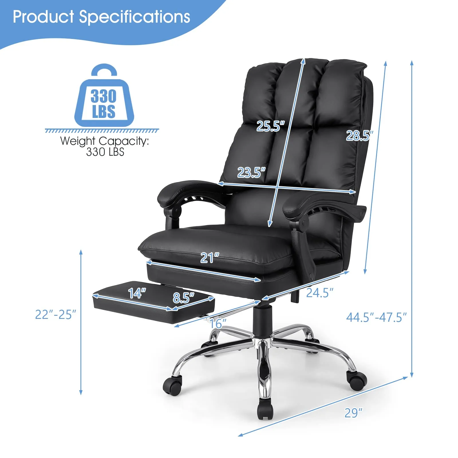 KOMFOTT Executive Office Chair, PU Leather Reclining Chair with Retractable Footrest & Padded Armrests, Soft Cushioned