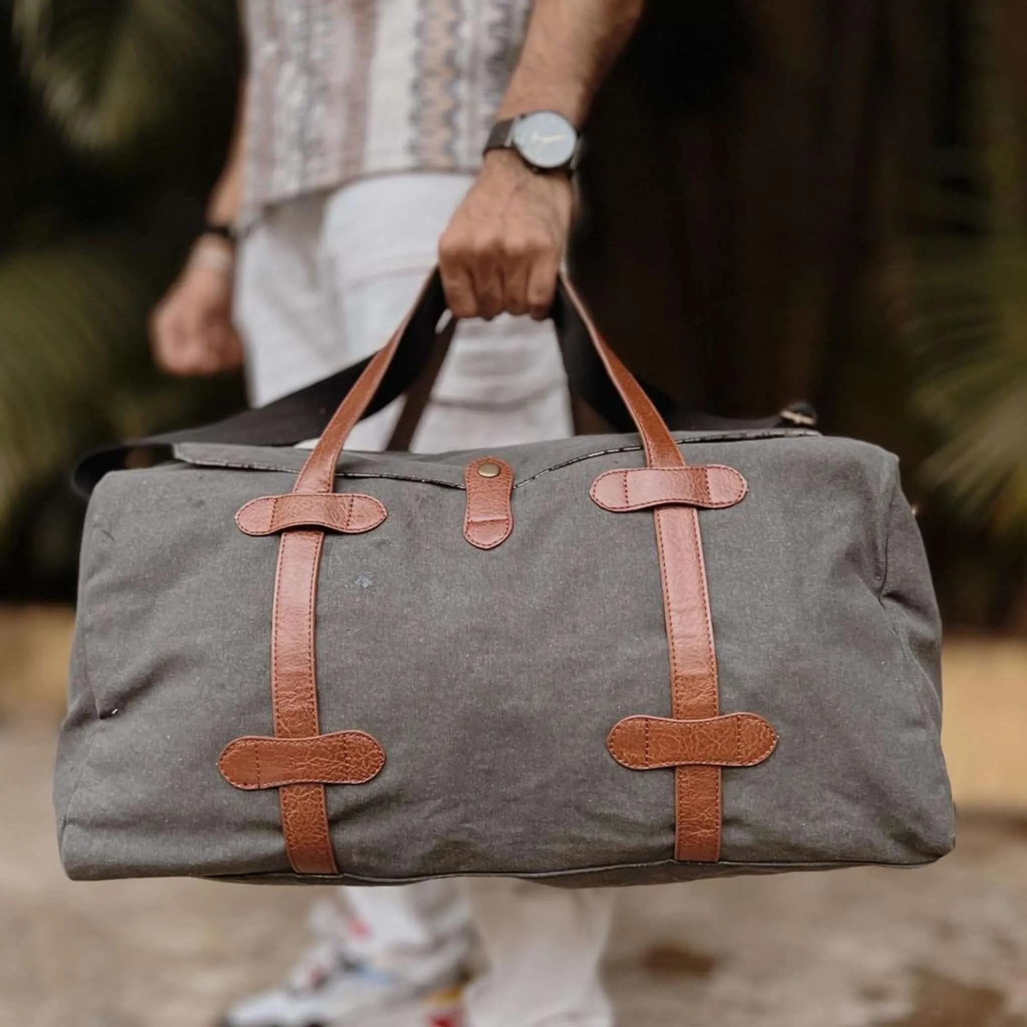 Mona B - Upcycled Canvas Duffel Gym Travel and Sports Bag with Stylish Design for Men and Women: Flap