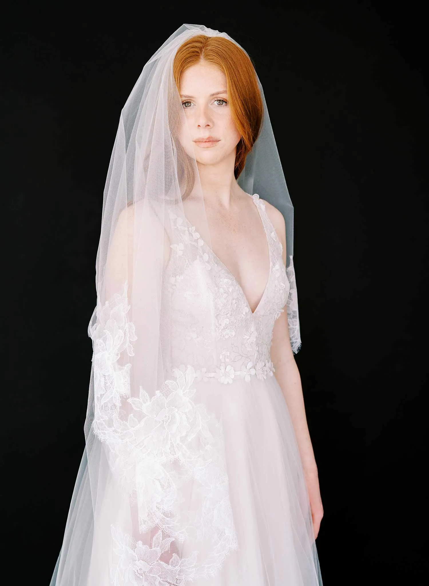 Sheer florals French lace veil with blusher - Style #2458