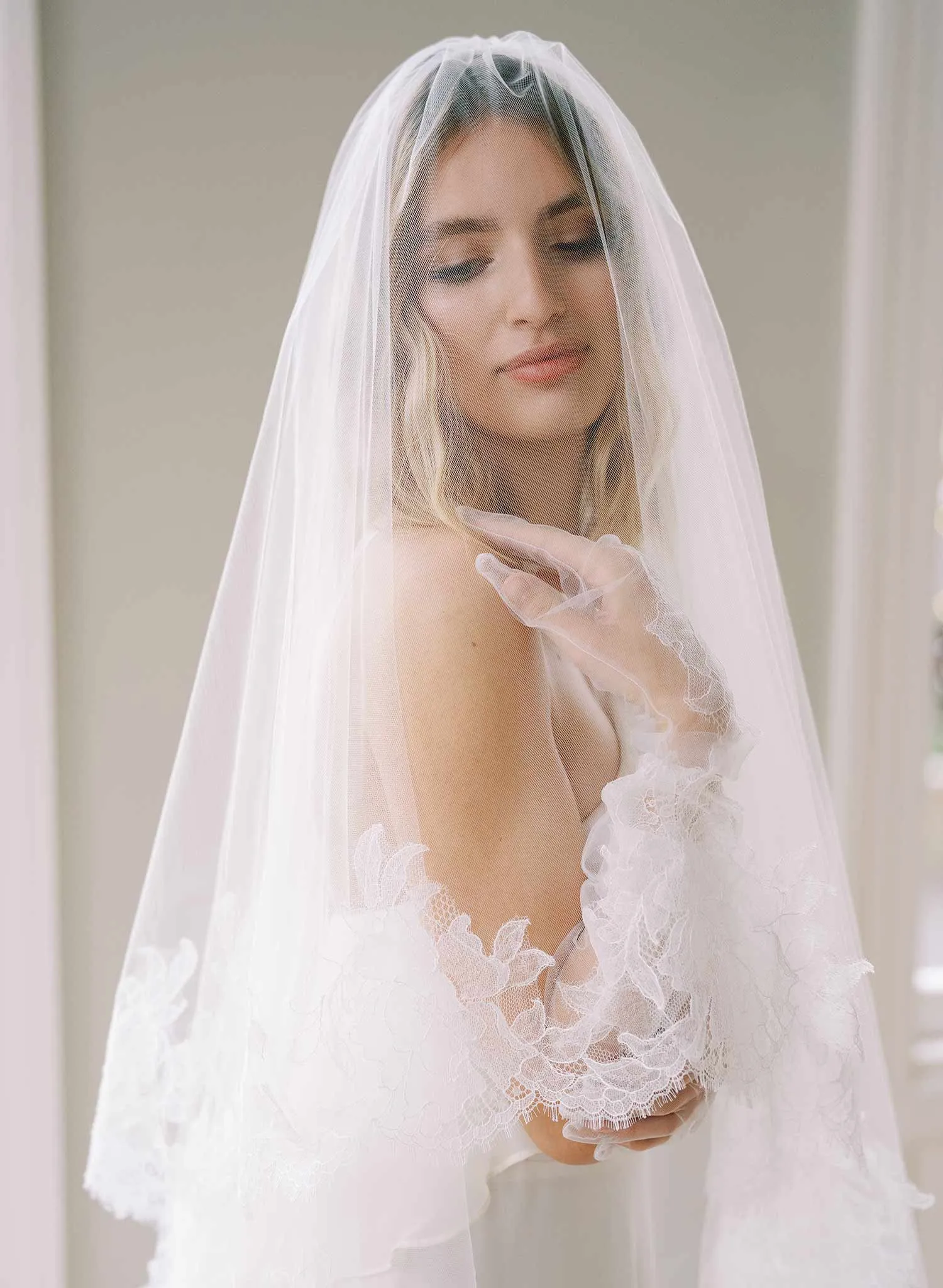 Sheer florals French lace veil with blusher - Style #2458