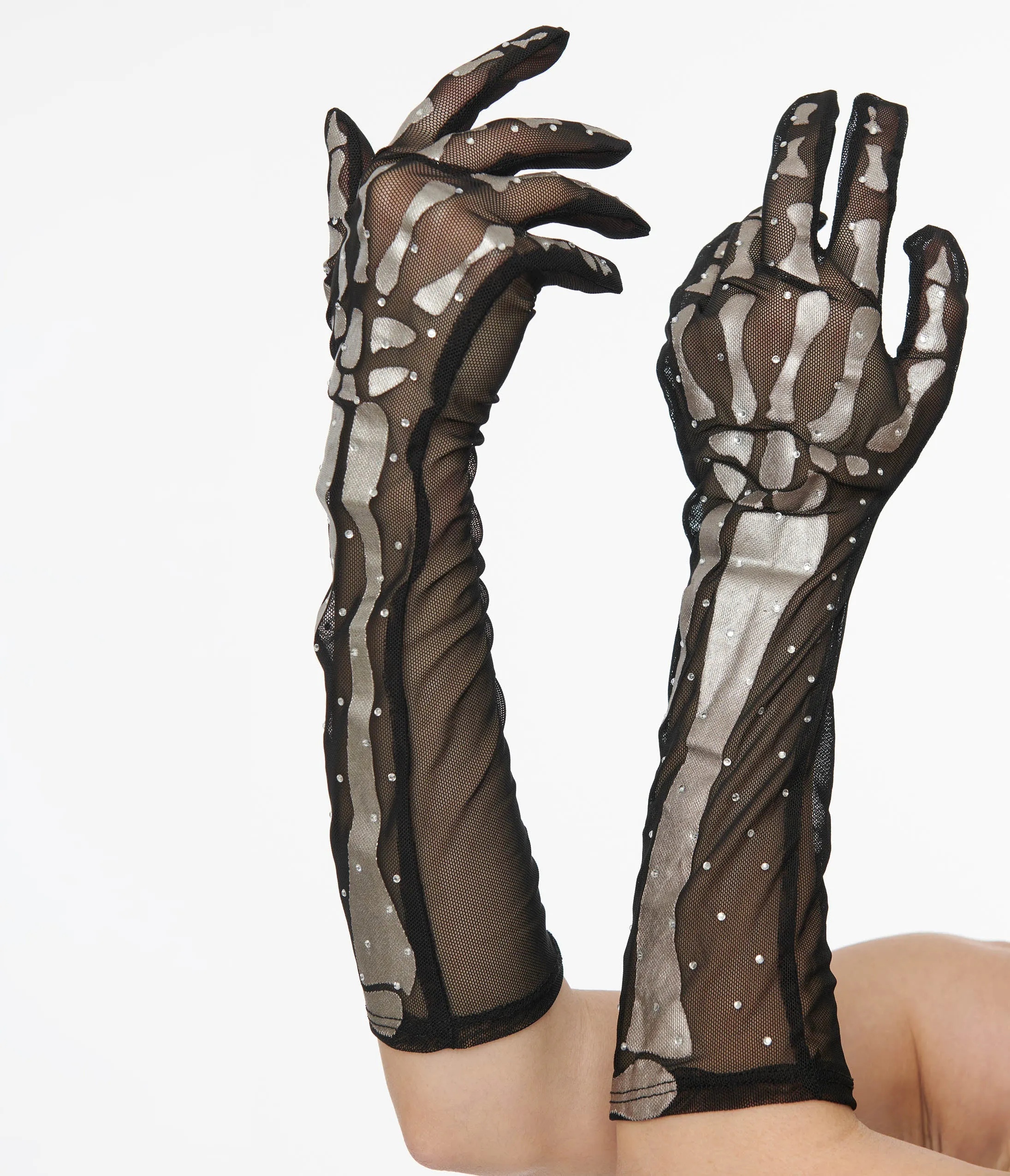 Unique Vintage Black & Silver Skeleton Rhinestone Gloves