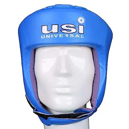 USI UNIVERSAL THE UNBEATABLE Boxing Headguard, 615DP Lite Contest Headguard, Hide Leather, Multiple Layers of Padding for Greater Shock Absorbing Adjustable Web Closure & Strap (BLUE)