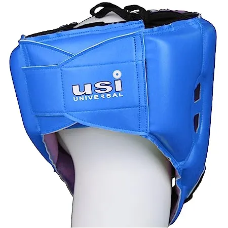 USI UNIVERSAL THE UNBEATABLE Boxing Headguard, 615DP Lite Contest Headguard, Hide Leather, Multiple Layers of Padding for Greater Shock Absorbing Adjustable Web Closure & Strap (BLUE)