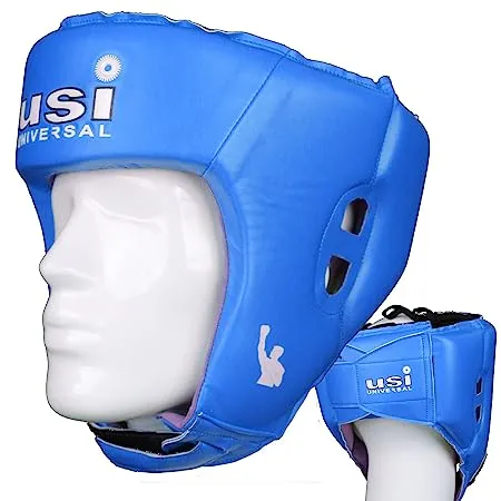 USI UNIVERSAL THE UNBEATABLE Boxing Headguard, 615DP Lite Contest Headguard, Hide Leather, Multiple Layers of Padding for Greater Shock Absorbing Adjustable Web Closure & Strap (BLUE)