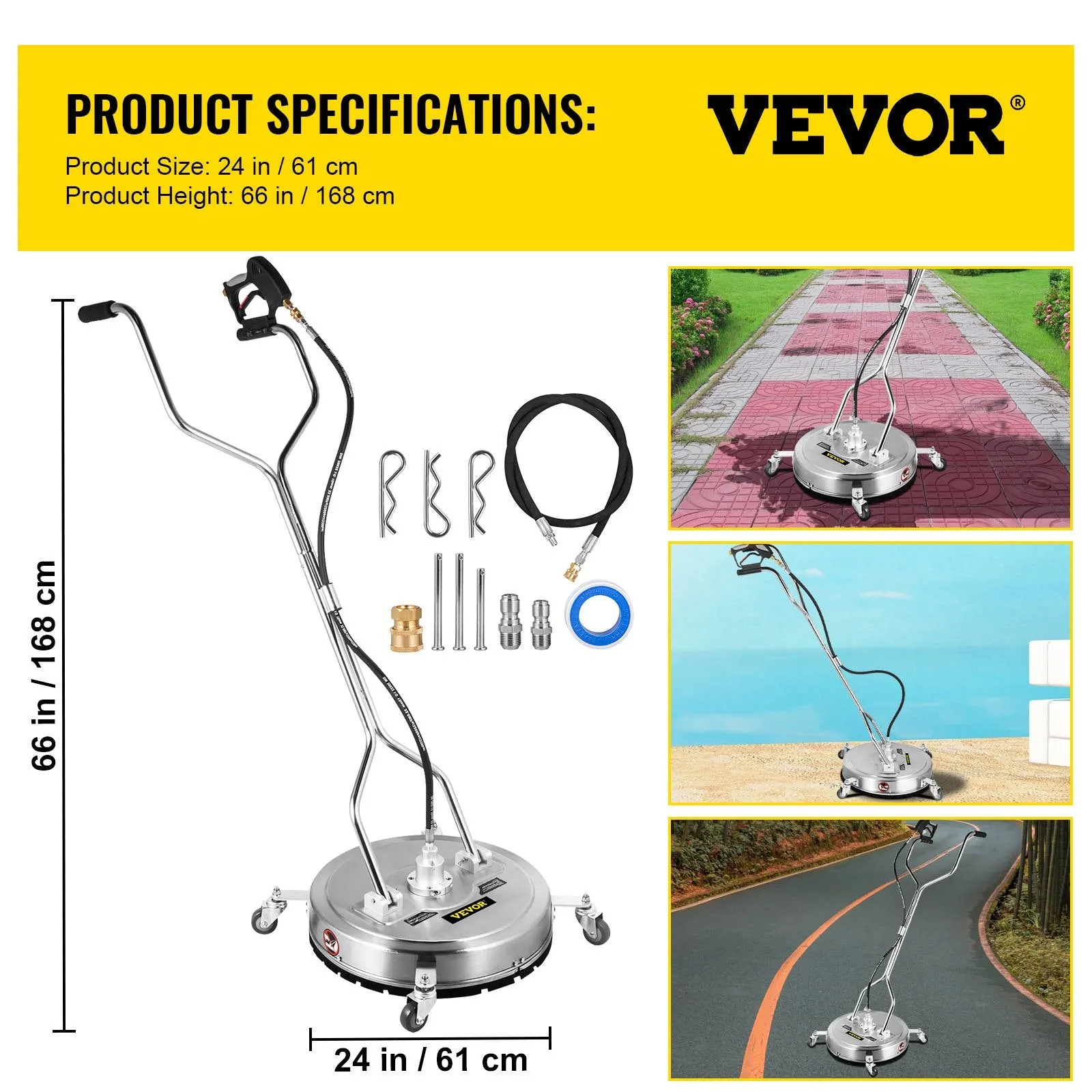 Vevor 24" Surface Cleaner 4000 PSI for Pressure Washer 3/8" Quick Connector Stainless Steel with 3 Nozzles New