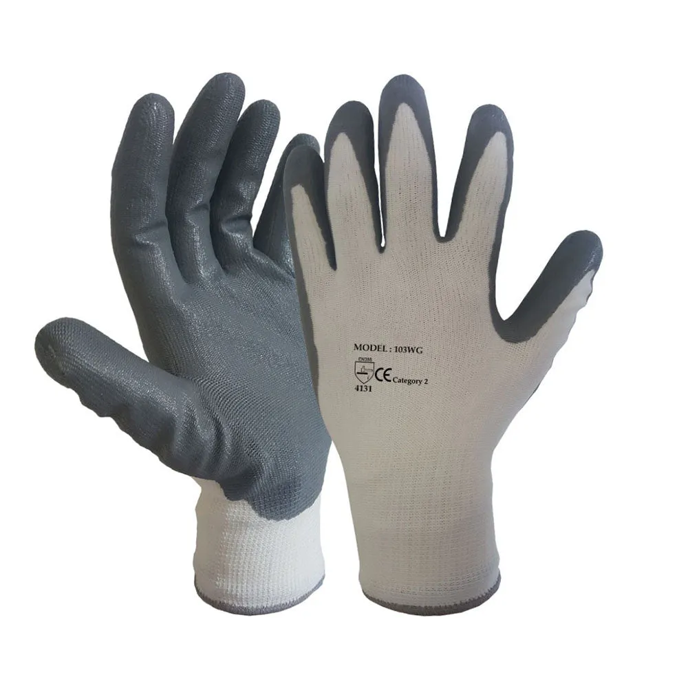 White Grey Nitrile Coated Nylon or Polyster Liner Work Glove