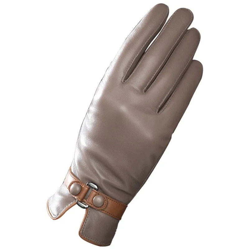 Women Genuine Leather Gloves Ladies Winter Warm Plus Velvet Thickened Mittens Female Casual Fashion