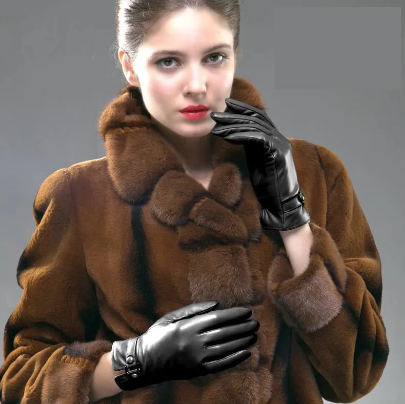 Women Genuine Leather Gloves Ladies Winter Warm Plus Velvet Thickened Mittens Female Casual Fashion