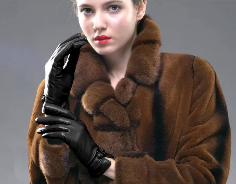 Women Genuine Leather Gloves Ladies Winter Warm Plus Velvet Thickened Mittens Female Casual Fashion