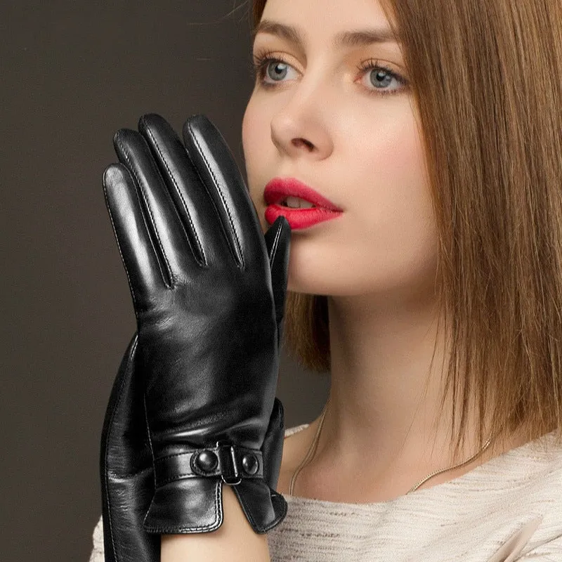 Women Genuine Leather Gloves Ladies Winter Warm Plus Velvet Thickened Mittens Female Casual Fashion