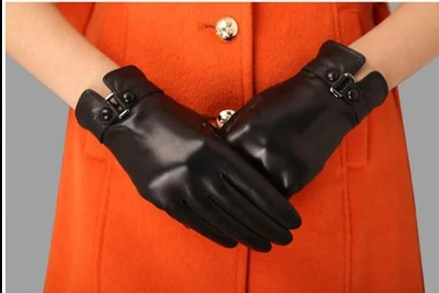 Women Genuine Leather Gloves Ladies Winter Warm Plus Velvet Thickened Mittens Female Casual Fashion