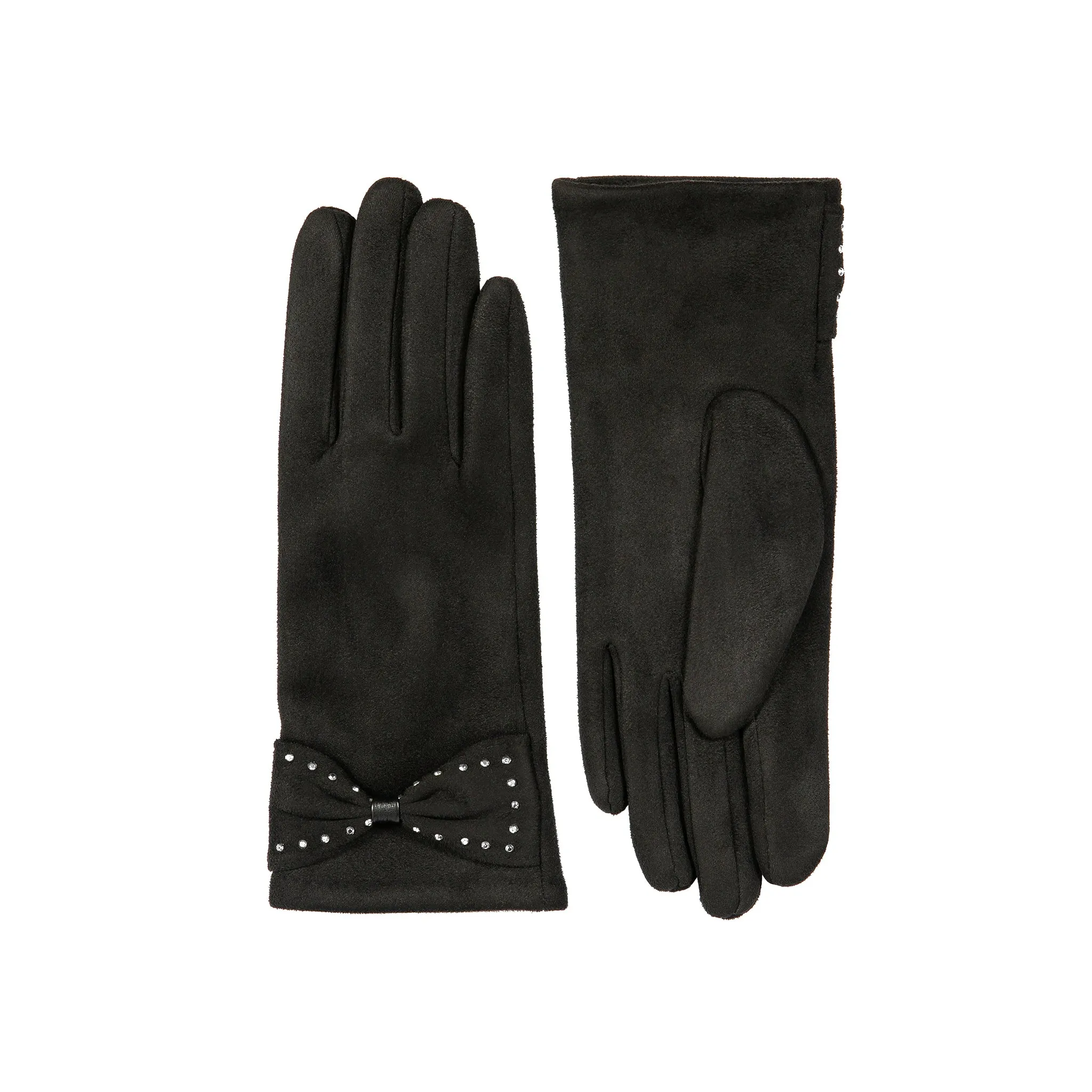 Women’s Touchscreen Velour-Lined Faux Suede Gloves with Studded Bow