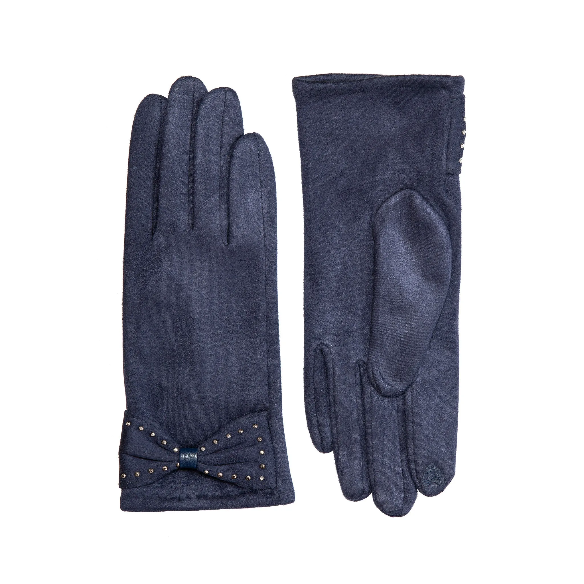 Women’s Touchscreen Velour-Lined Faux Suede Gloves with Studded Bow