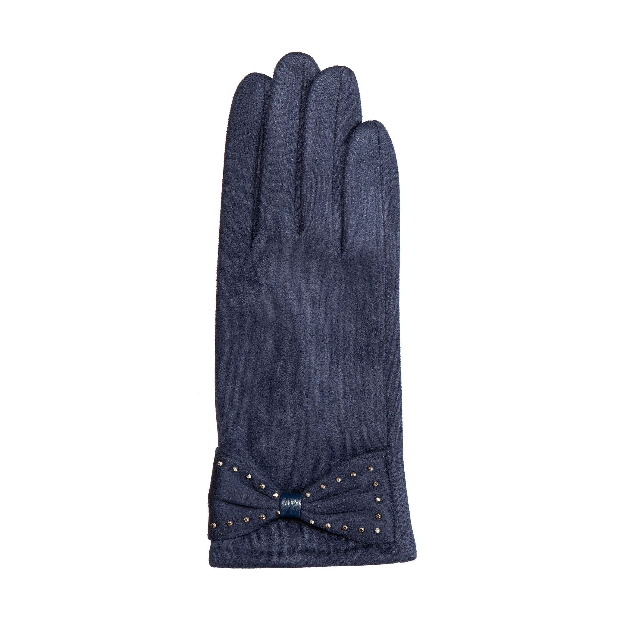 Women’s Touchscreen Velour-Lined Faux Suede Gloves with Studded Bow