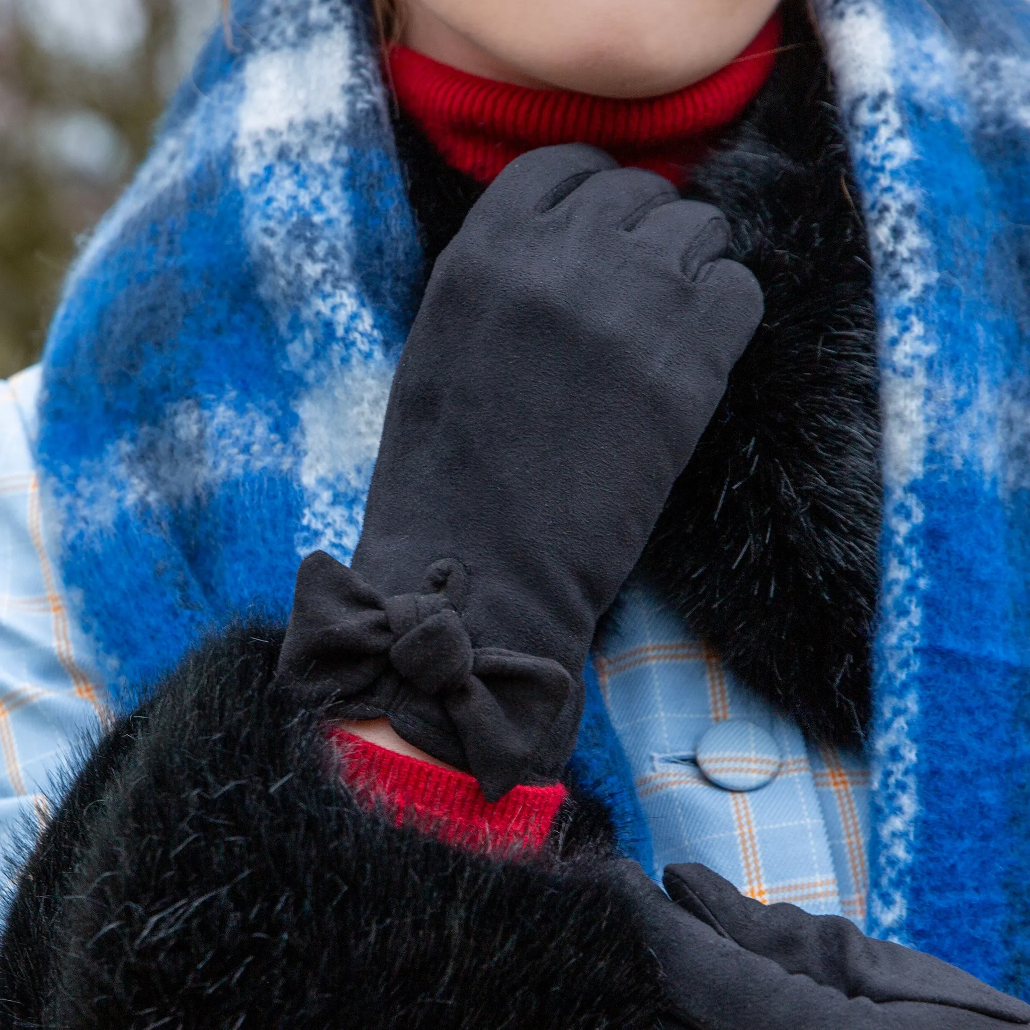 Women’s Velour-Lined Faux Suede Gloves with Trim and Bow