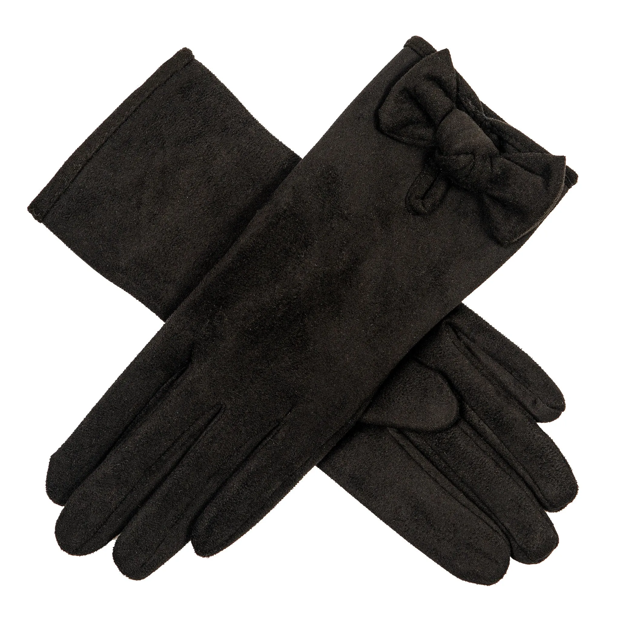 Women’s Velour-Lined Faux Suede Gloves with Trim and Bow