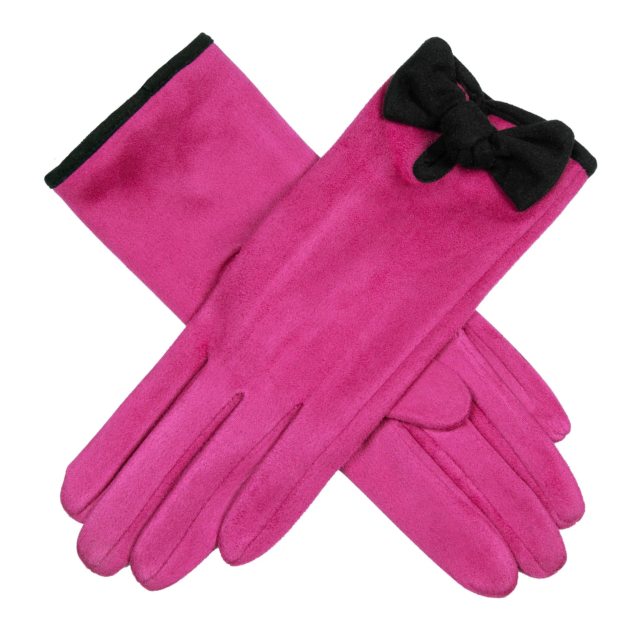 Women’s Velour-Lined Faux Suede Gloves with Trim and Bow