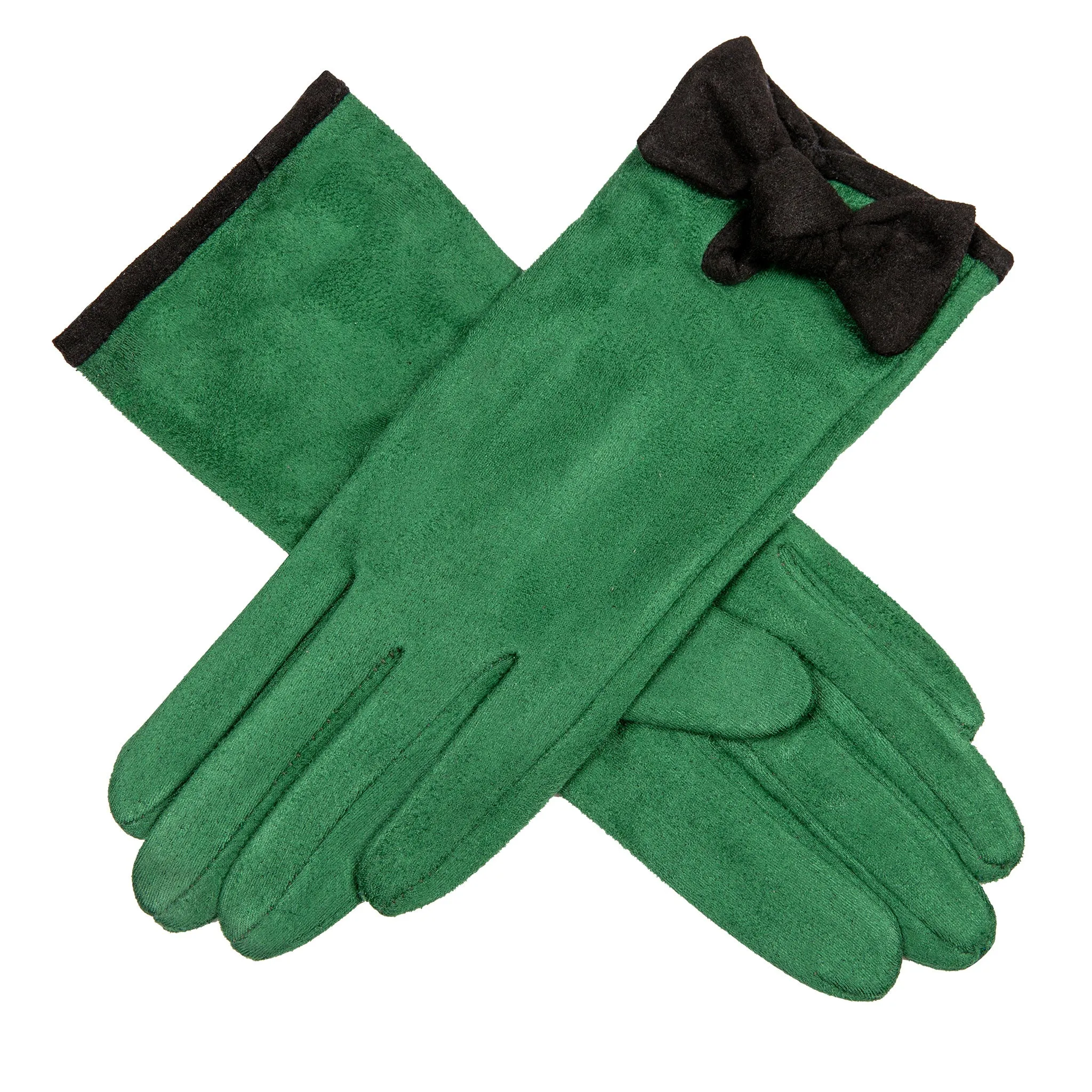 Women’s Velour-Lined Faux Suede Gloves with Trim and Bow